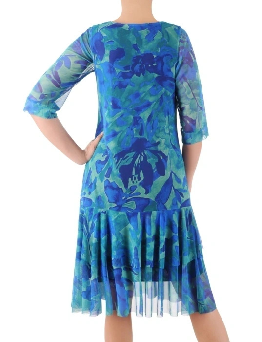 Elegancka sukienka trapezowa midi w zielono-granatowy print – fason tuszujący biodra z mankietami 38365