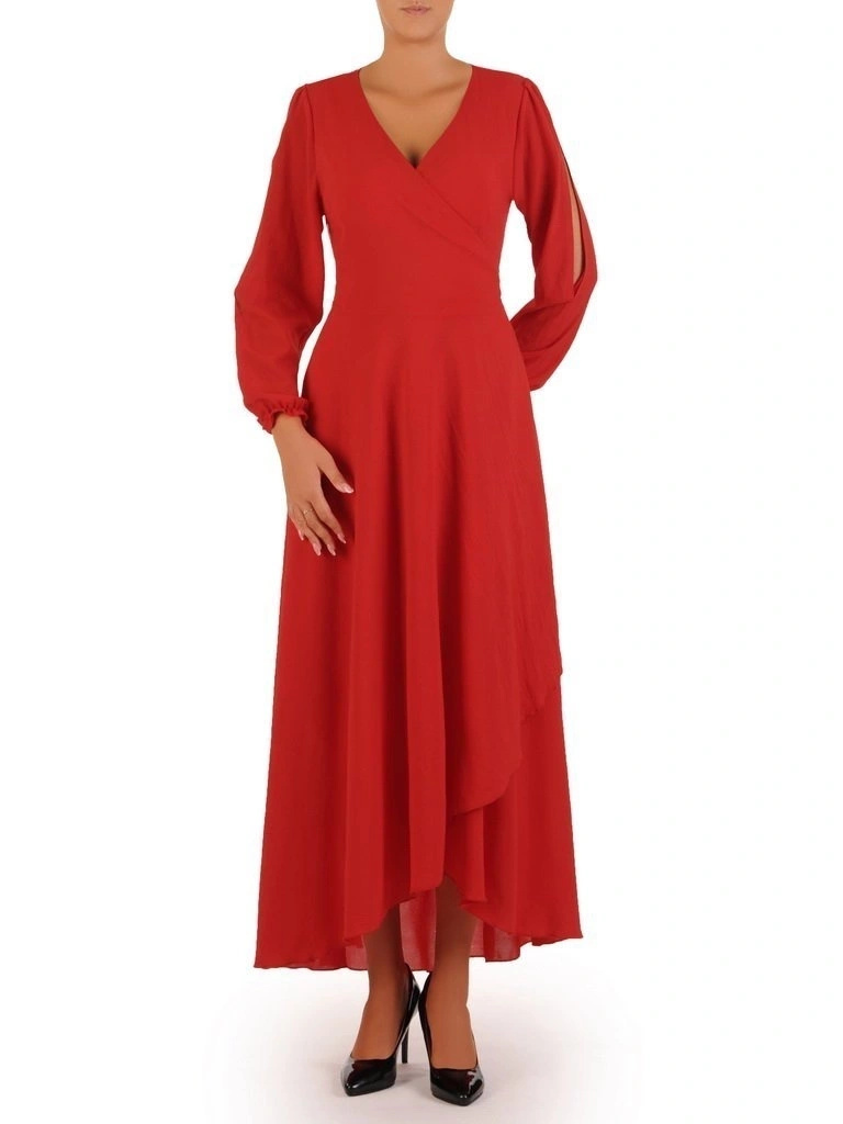 Elegancka czerwona sukienka rozkloszowana maxi – wiązanie w pasie wysmuklające talię 31236