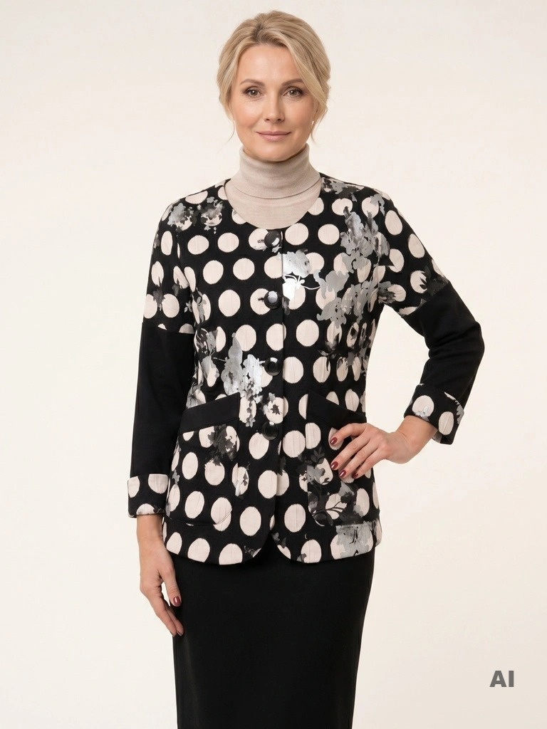 Elegancka czarna marynarka damska o prostym kroju – wiskozowy model w kwiatowy wzór do sukienki 19220