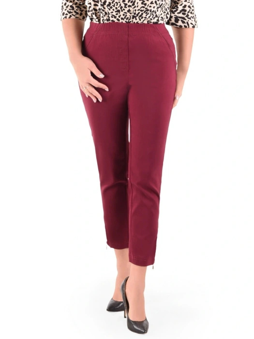 Eleganckie bordowe spodnie damskie dopasowane 7/8 z zamkami – idealne do biura i na lato plus size 34873