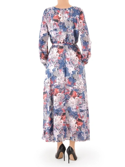 Rozkloszowana sukienka maxi w motyw floralny i panterkę – pasek w talii i kopertowy dekolt 38022