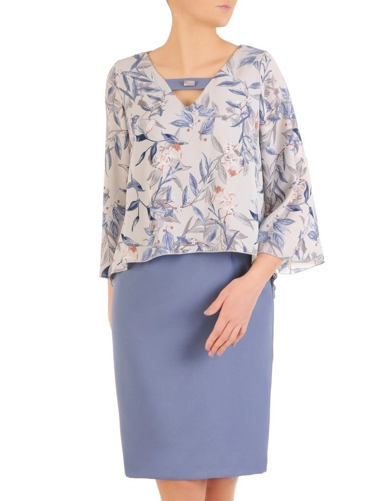 Elegancka niebieska sukienka w kwiaty midi – prosty krój z szykowną warstwą i broszką modelujący sylwetkę 28898