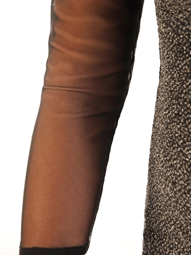 Czarna sukienka wizytowa z połyskiem i dekoltem kopertowym – prosty krój z przezroczystym rękawem 35067