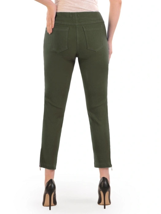 Klasyczne zielone spodnie 7/8 plus size z suwakami – dopasowany fason na lato z gumką 35153