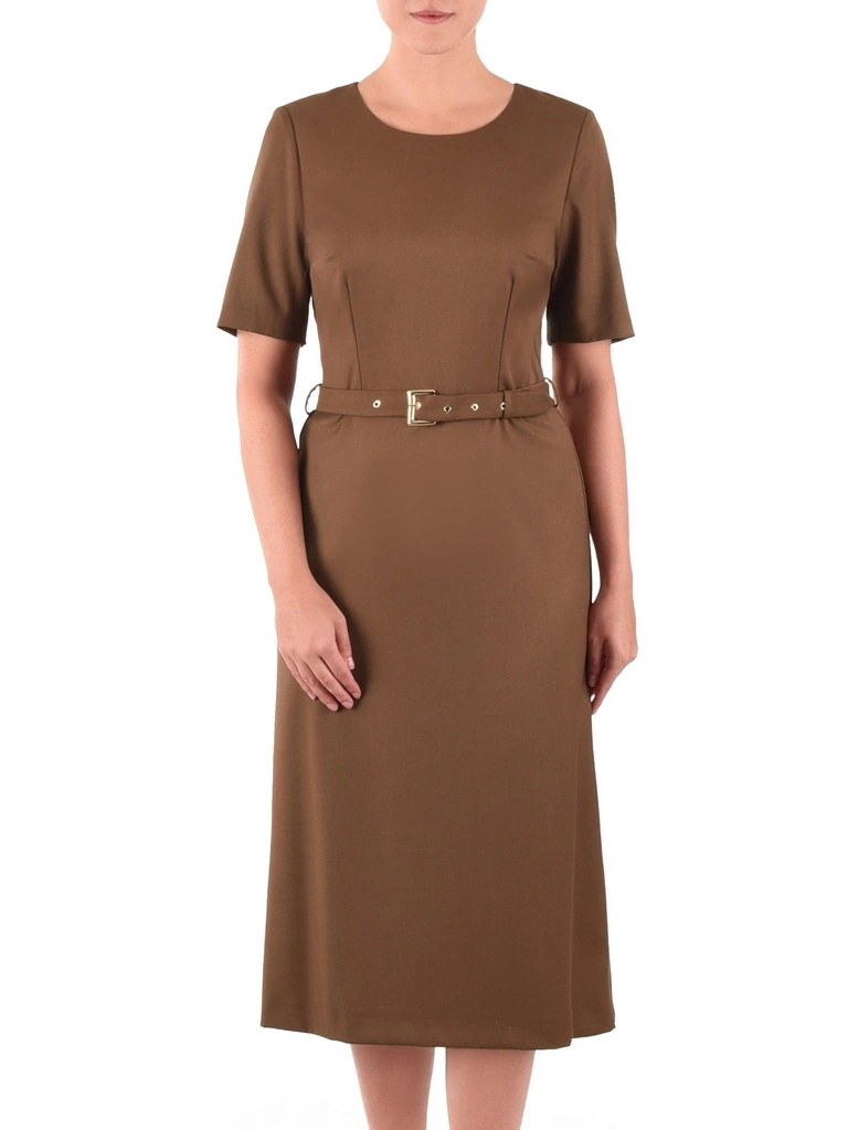 Elegancka brązowa sukienka rozkloszowana midi – kobiecy fason z paskiem modelującym figurę 40361