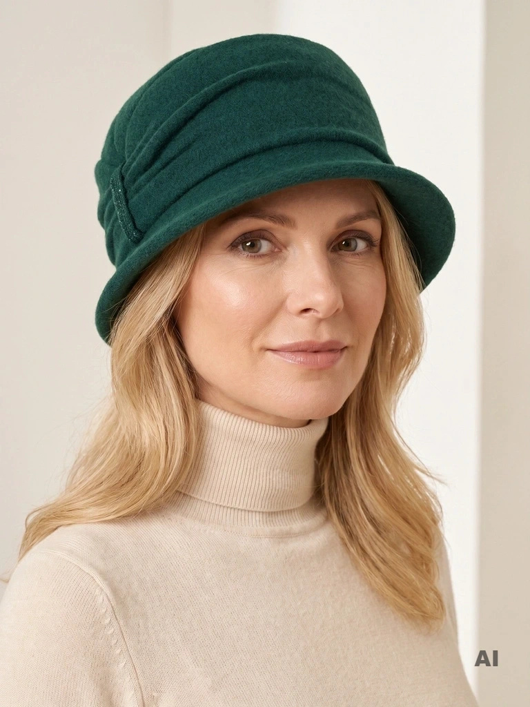 Elegancki kapelusz damski cloche w odcieniu butelkowej zieleni – ciepły fason z wywiniętym rondem i cyrkoniami 40512