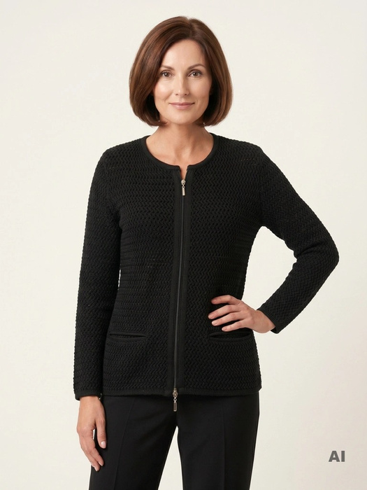 Elegancki czarny sweter damski rozpinany – prosty krój z kieszeniami na jesień 38973