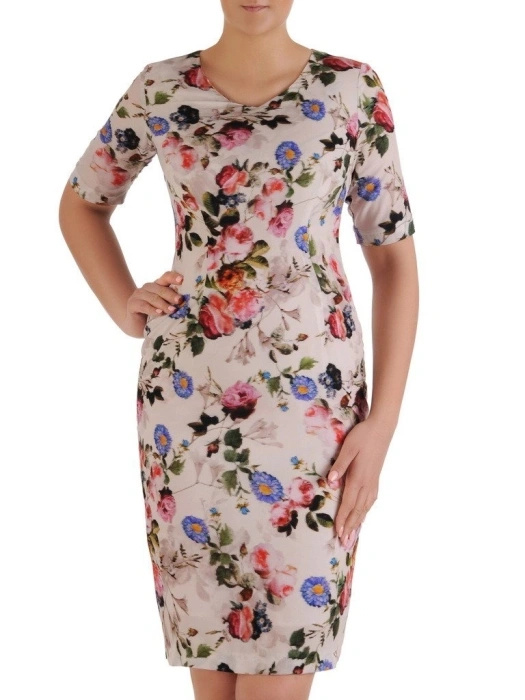 Wielobarwna sukienka w kwiaty o prostym kroju – elegancki model midi z dekoltem w serek na lato 3944