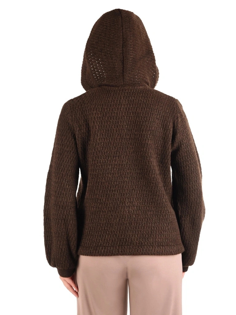 Elegancki sweter damski rozpinany w odcieniu brązu – prosty krój z kapturem i bufiastym rękawem 42174