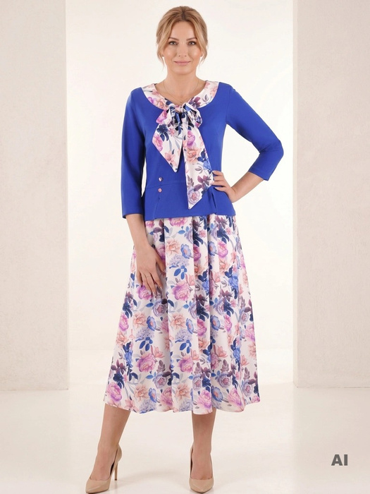 Elegancka sukienka rozkloszowana midi w kwiaty z rękawem 3/4 – kobiecy krój z baskinką modelujący sylwetkę 35905