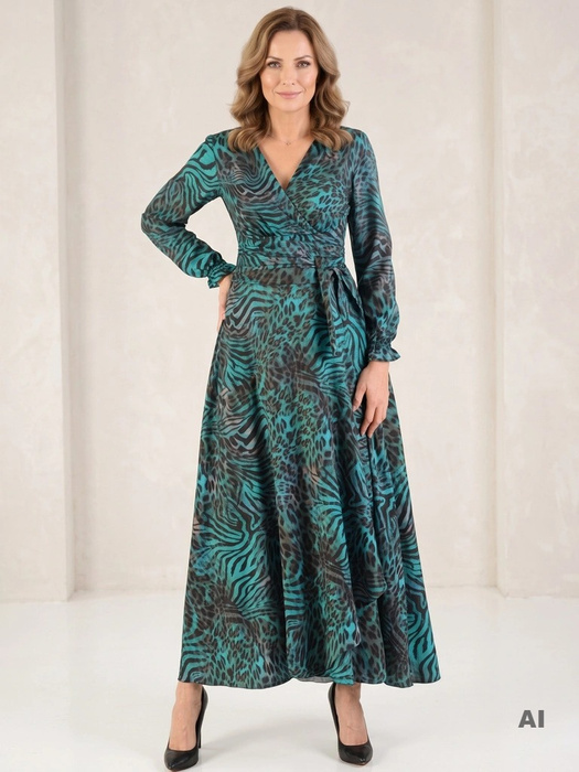 Turkusowa suknia wieczorowa maxi na andrzejki i bal – kobiecy krój kopertowy z marszczeniem 34452