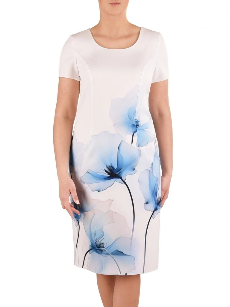 Elegancka sukienka damska midi w kwiaty – prosty krój z kobiecym dekoltem na plecach 41496