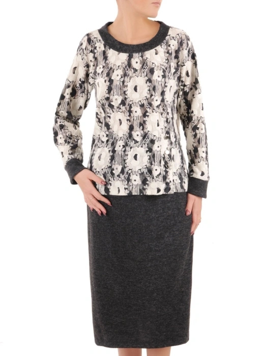 Elegancka garsonka damska ze spódnicą midi w kwiaty – prosty krój z wygodną gumą w pasie 37274