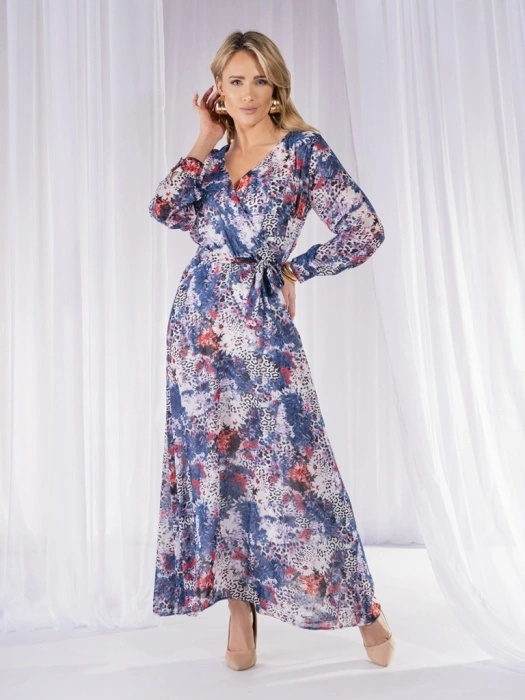 Elegancka sukienka rozkloszowana maxi we wzory – wysmuklający fason z długim rękawem 38022