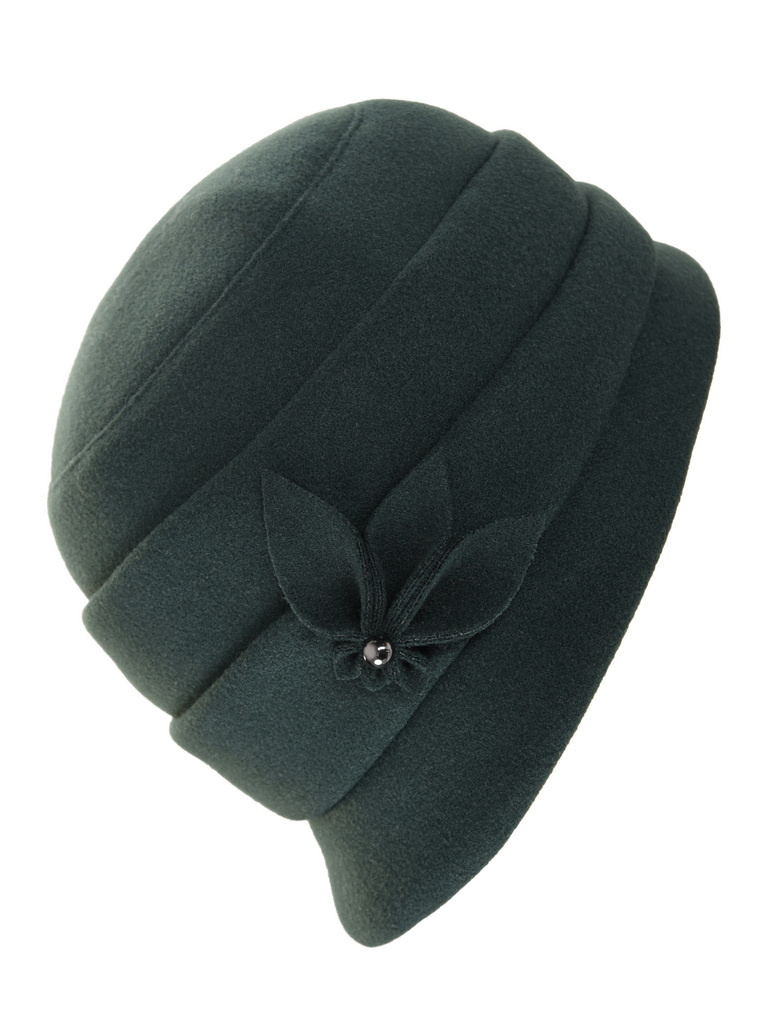 Butelkowozielony kapelusz damski cloche – ocieplany model z ozdobną wstawką i regulacją obwodu 42434