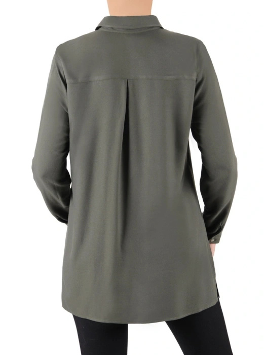 Elegancka wiskozowa koszula damska khaki – prosty krój z kieszenią maskujący biodra 39137