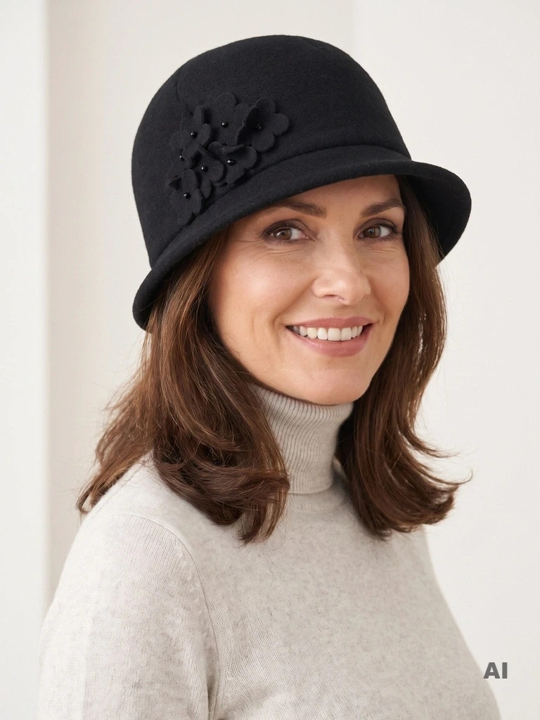 Elegancki kapelusz damski cloche na zimę – stylowy fason z wywiniętym rondem i aplikacją 42383
