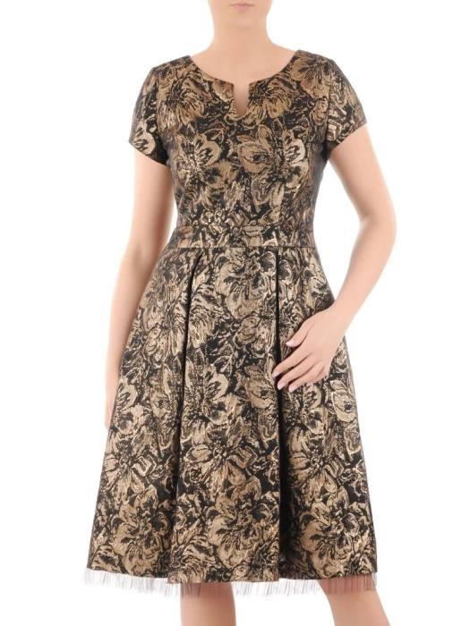 Czarno-złota sukienka rozkloszowana w kwiaty – elegancki model z dekoltem łódka i kontrafałdami 31900