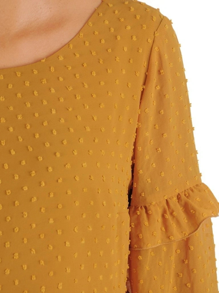 Musztardowa sukienka midi z ozdobnymi falbanami – trapezowy krój swobodnie ukrywający niedoskonałości 27361