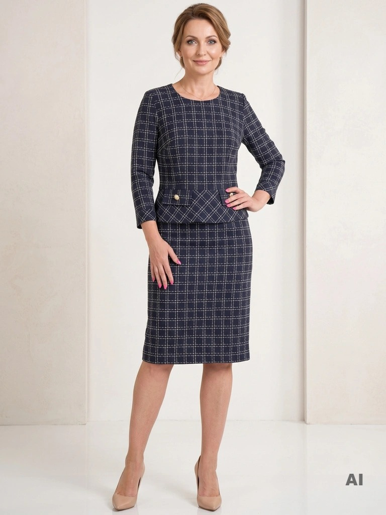 Elegancka granatowa sukienka midi w kratę – prosty fason z ozdobną baskinką i rękawem 3/4 33886