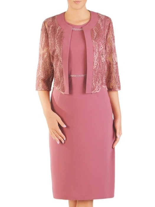 Różowy komplet damski wizytowy z koronkowym żakietem – prosty fason optycznie wysmuklający sylwetkę 30415