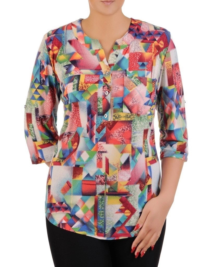 Elegancka wiskozowa bluzka w geometryczny wzór – prosty fason z ozdobnymi guzikami 21257