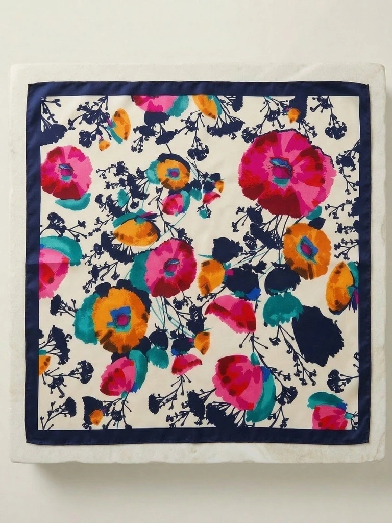 Wielokolorowa apaszka damska w maki 60x60 – idealna do koszuli, stylowo przełamuje biurowy look 41172