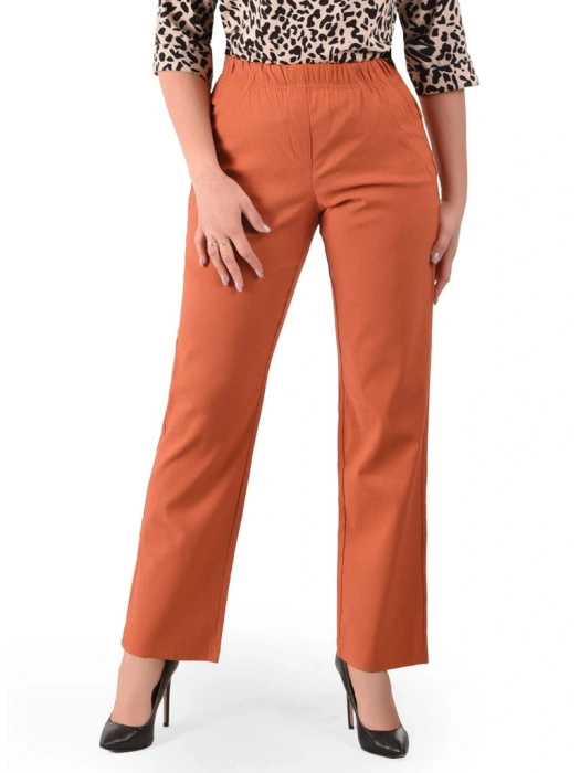 Eleganckie rude spodnie z prostą nogawką – fason plus size z gumką, idealny do biura 34872
