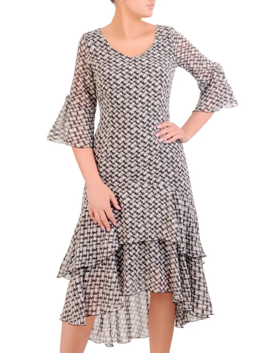 Wzorzysta sukienka midi z falbaną – asymetryczny krój syrenka z dekoltem serek 32821
