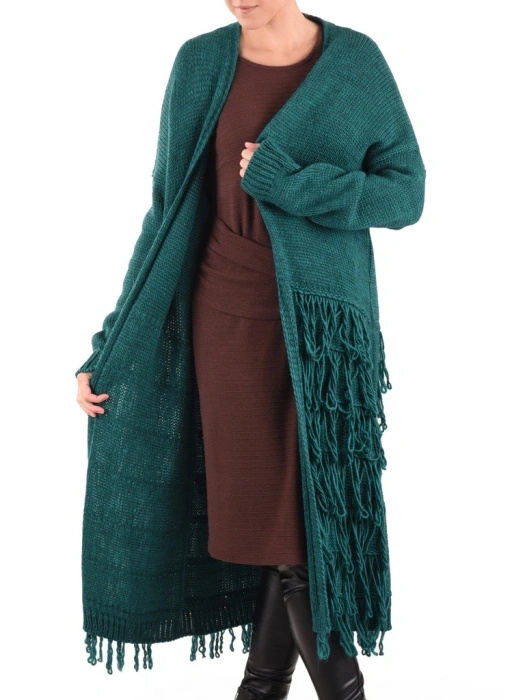 Elegancki sweter damski rozpinany w odcieniu butelkowej zieleni – luźny fason z frędzlami 40460