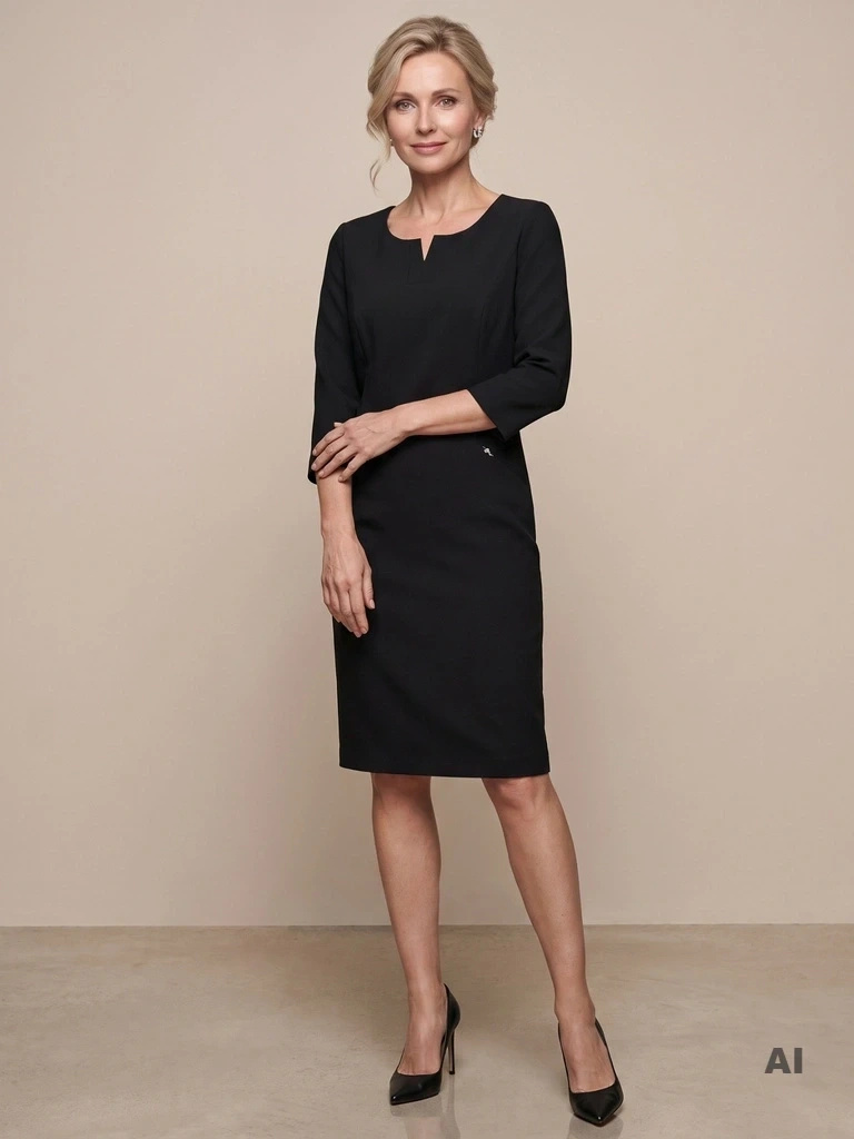 Elegancka czarna sukienka midi o prostym fasonie – modelujące sylwetkę przeszycia i rękaw 3/4 25766