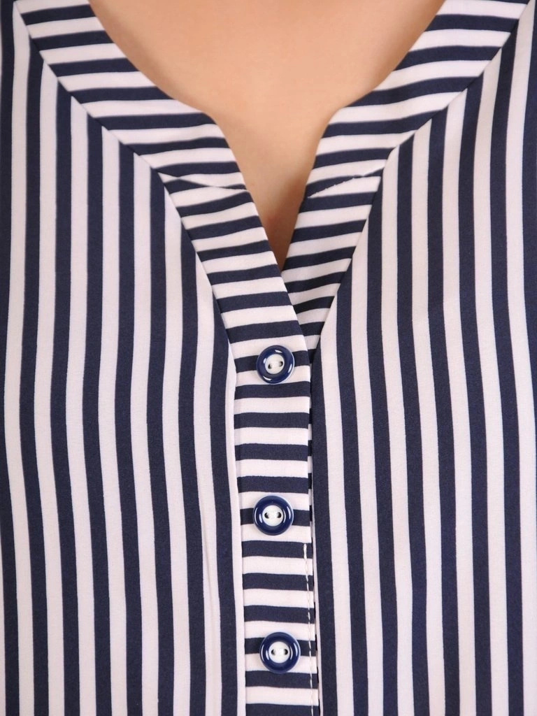 Elegancka bluzka wiskozowa w paski o prostym kroju – wysmuklający dekolt z guzikami 29821