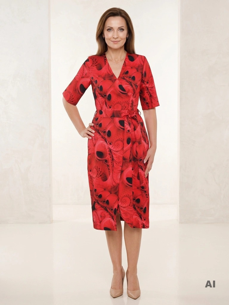 Czerwona sukienka midi z kopertowym dekoltem – prosty fason z paskiem podkreślającym talię 35953
