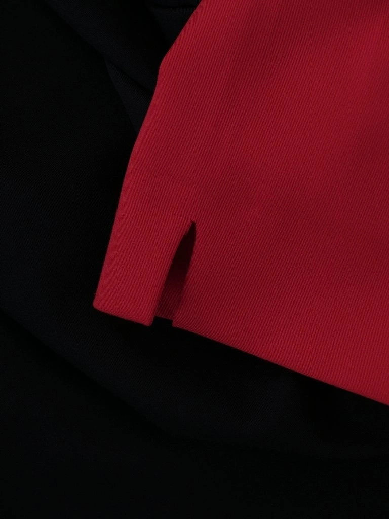 Czarno-czerwona prosta sukienka midi do pracy – elegancki model z kopertowym dekoltem i marszczeniem 2556