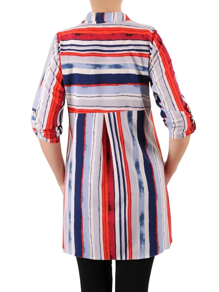 Elegancka koszula damska w paski o prostym kroju – podwijany rękaw i fason maskujący biodra 36353