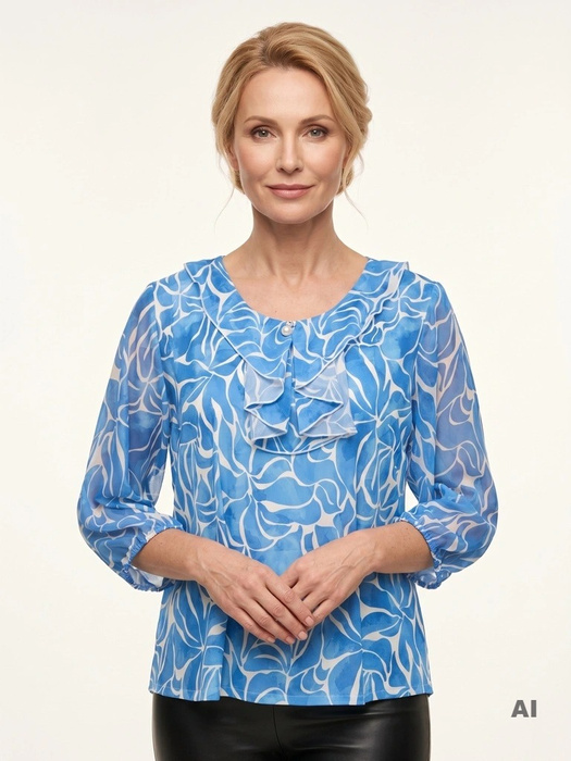 Wiskozowa bluzka wizytowa damska niebieska – prosty fason z efektownym żabotem 41232