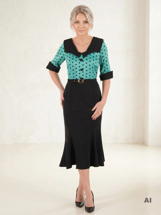 Elegancka czarna sukienka syrenka w zielone grochy – kobieco modelujący fason z paskiem 37474
