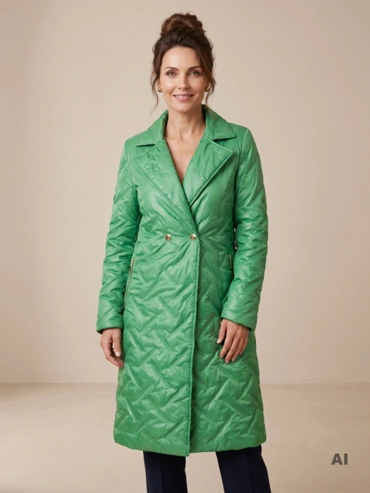 Zielony płaszcz damski z kołnierzem prosty fason – elegancki model jesienno-zimowy ze złotymi zamkami 36503