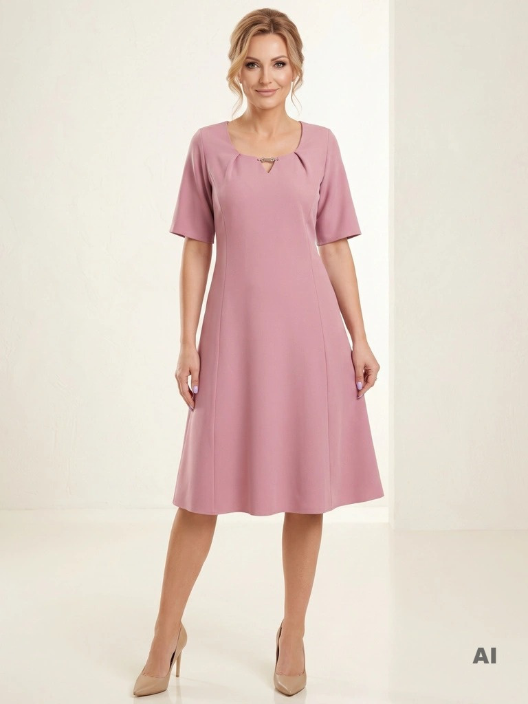 Elegancka liliowa sukienka trapezowa midi z wycięciem – swobodny fason z ozdobną broszką na lato 37899