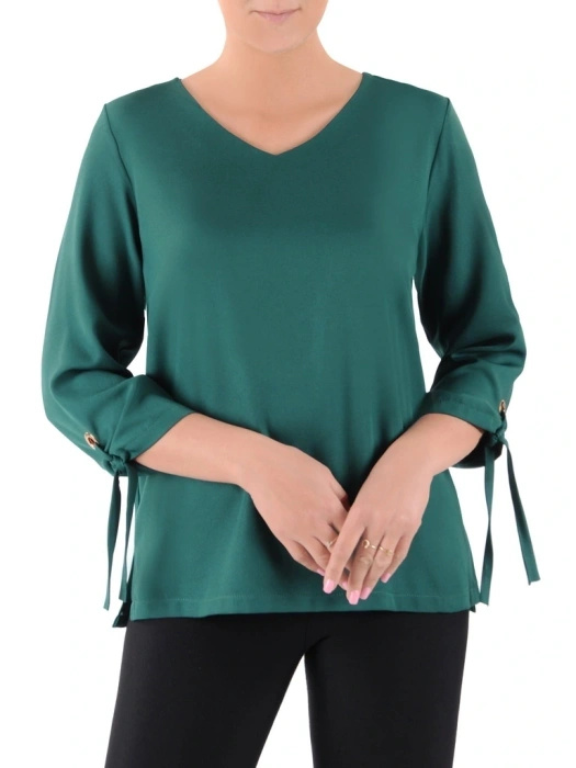 Klasyczna butelkowa bluzka plus size z dekoltem V – prosty fason z ozdobnymi wiązaniami, wysmuklający 38616