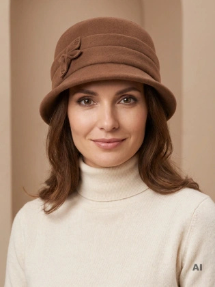 Elegancki kapelusz cloche damski w kolorze karmelowym – zdobiony cyrkoniami, idealny do płaszcza 40905