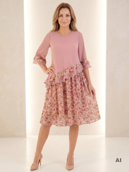 Elegancka sukienka trapezowa midi w kwiaty – lekki fason pięknie modelujący figurę 33305