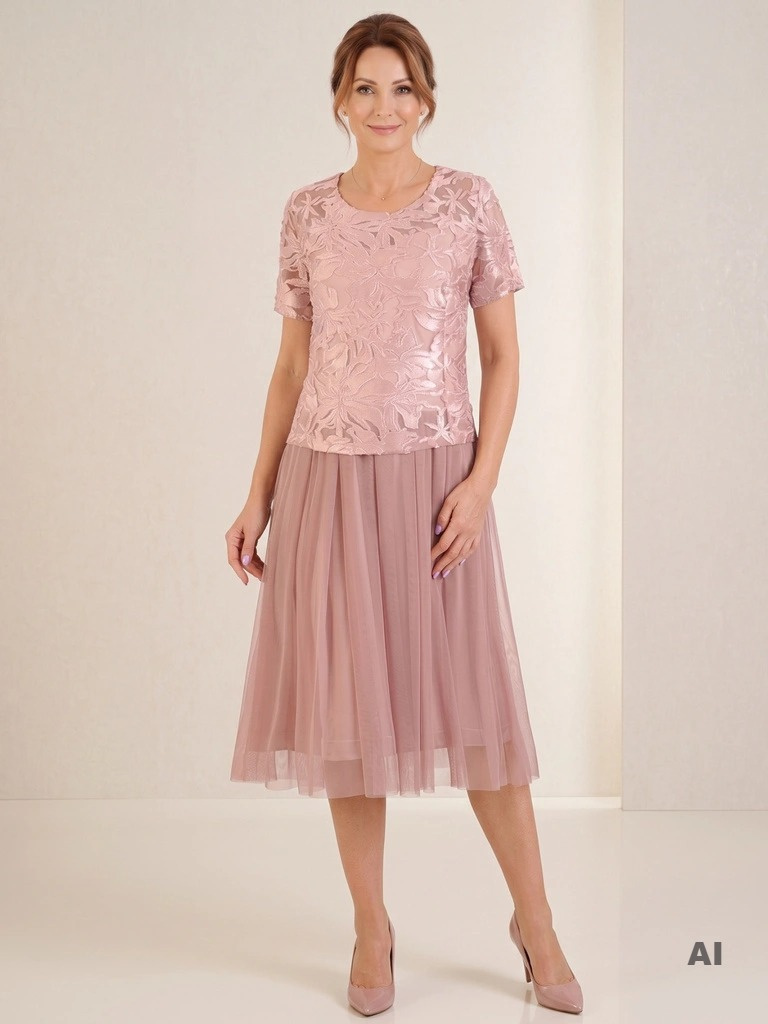 Sukienka rozkloszowana w odcieniu brudnego różu – elegancki fason midi z ozdobną górą na przyjęcia 33284
