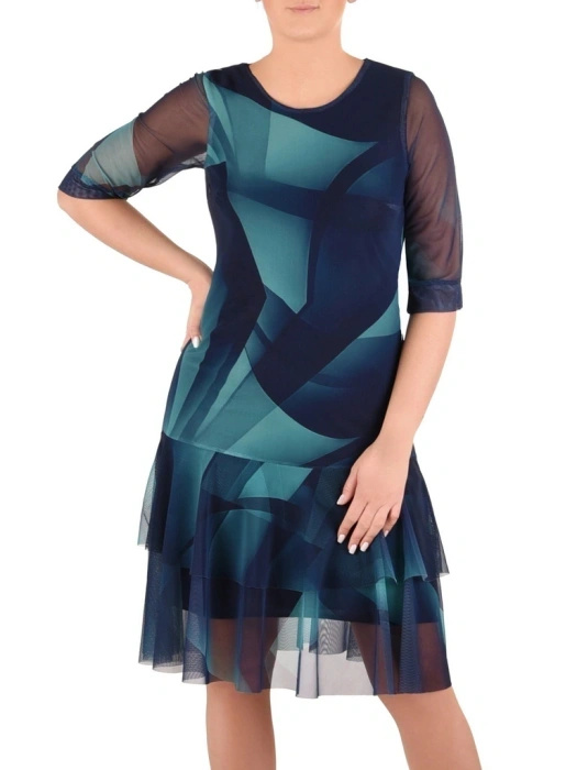 Elegancka sukienka trapezowa midi we wzory granatowo-zielone – lekki fason z ozdobnymi falbanami 41463
