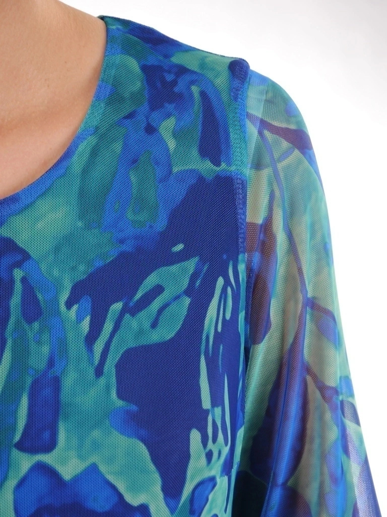 Elegancka sukienka trapezowa midi w zielono-granatowy print – fason tuszujący biodra z mankietami 38365