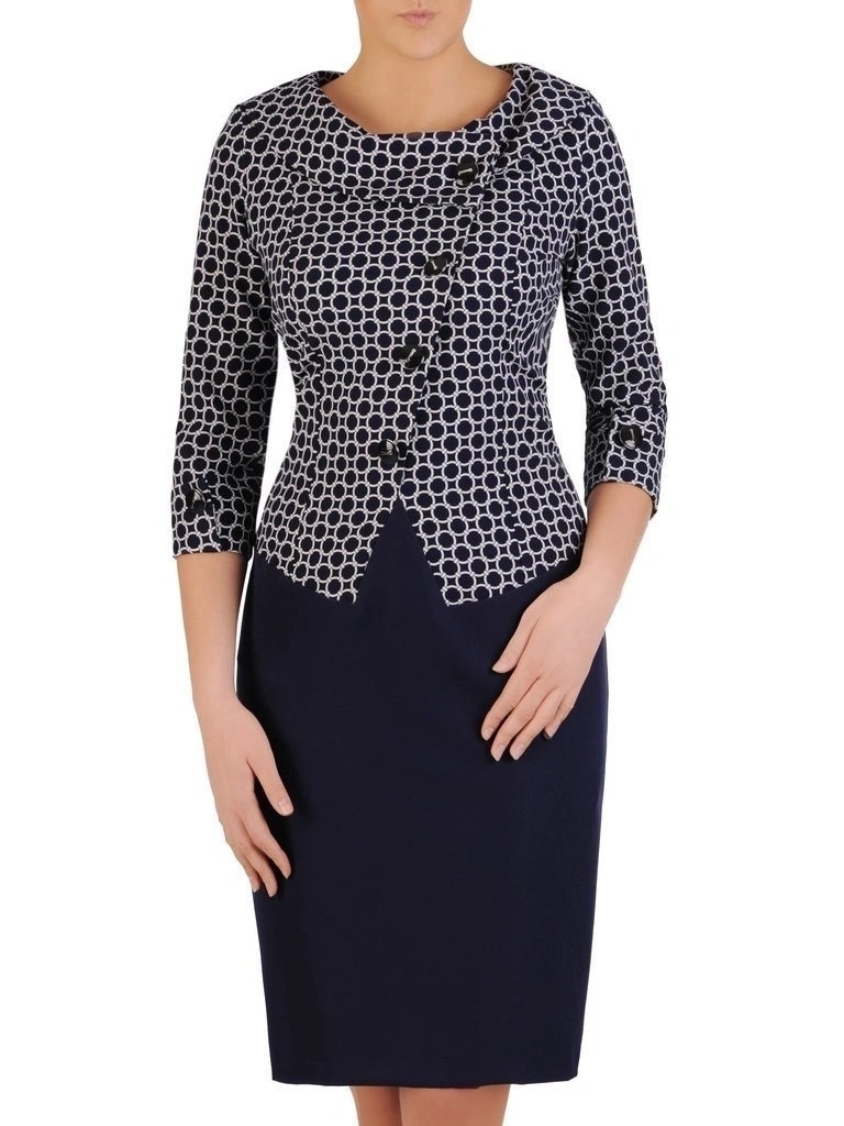 Elegancka prosta sukienka w groszki z kołnierzykiem – wysmuklający fason z ozdobnymi guzikami 24670