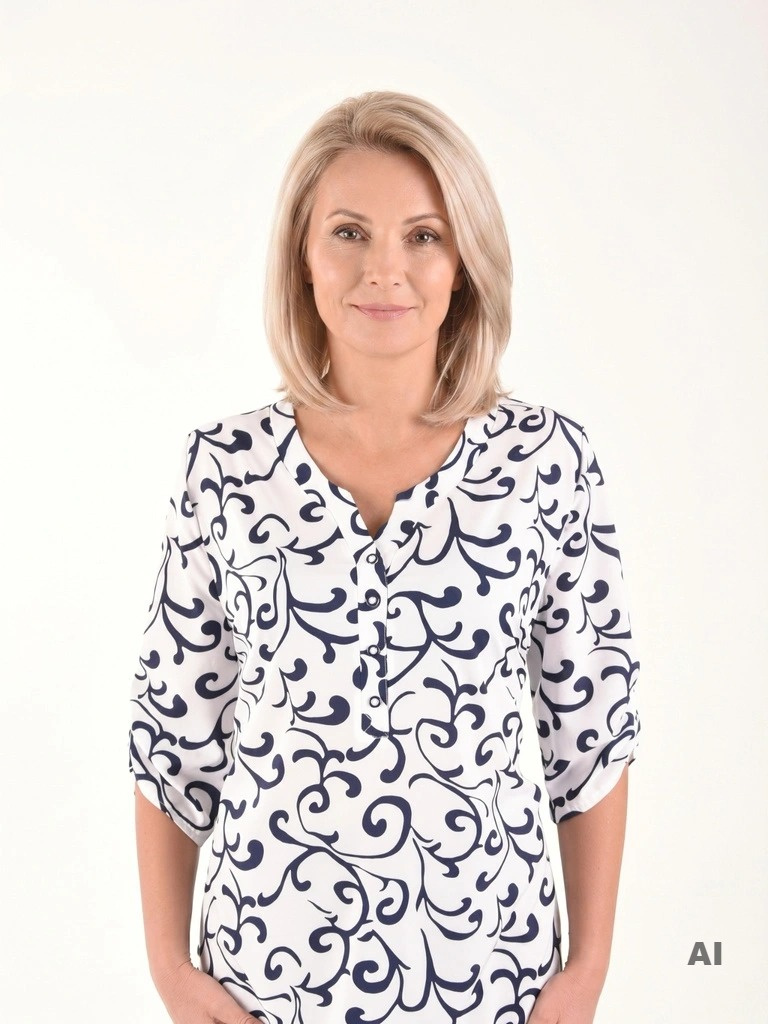 Elegancka bluzka plus size biała z granatowym wzorem, dekolt V i rękaw 3/4 – prosty krój, który wysmukla sylwetkę 40816