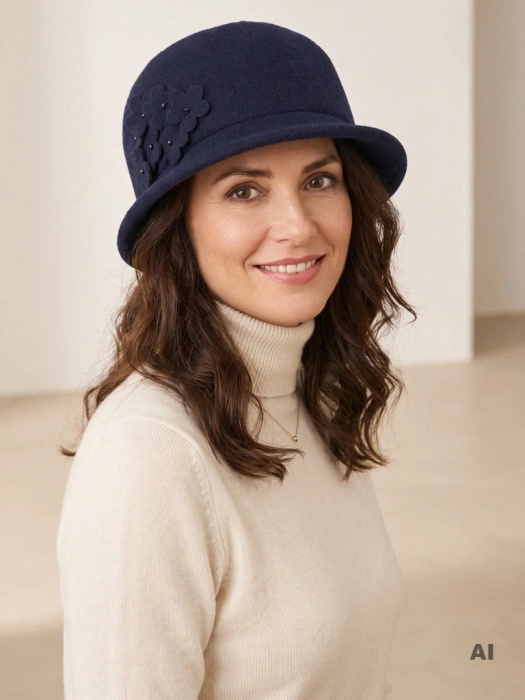 Elegancki granatowy kapelusz damski cloche – ozdobny kwiat i regulacja obwodu na zimę 42384