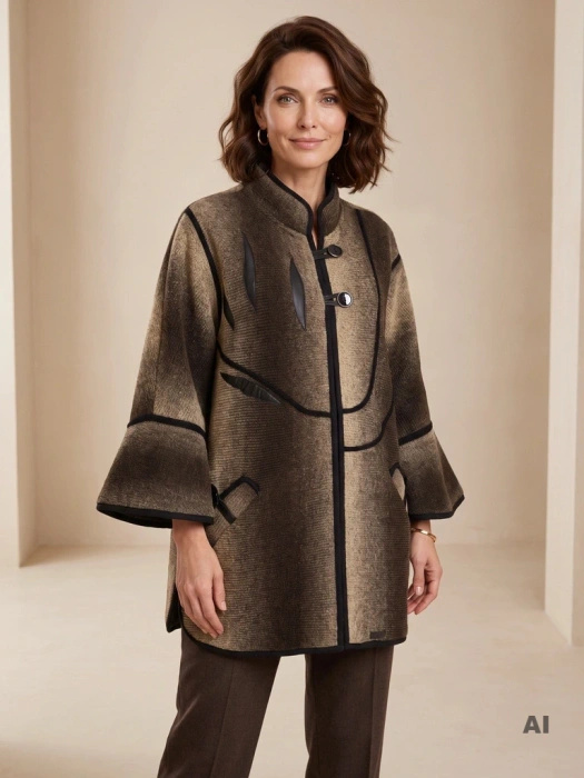 Elegancki sweter damski rozpinany ze stójką w odcieniach beżu – luźny fason z ozdobnymi guzikami 42180