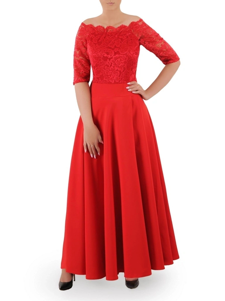 Czerwona suknia balowa maxi rozkloszowana na sylwestra – elegancki fason wysmuklający sylwetkę 36414